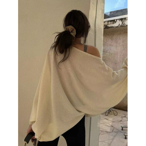 韓版斜領長袖針織衫女春秋薄款寬松慵懶風顯瘦百搭高級感露肩上衣 韓版斜領長袖針織衫女春秋薄款寬松慵懶風顯瘦百搭高級感露肩上衣