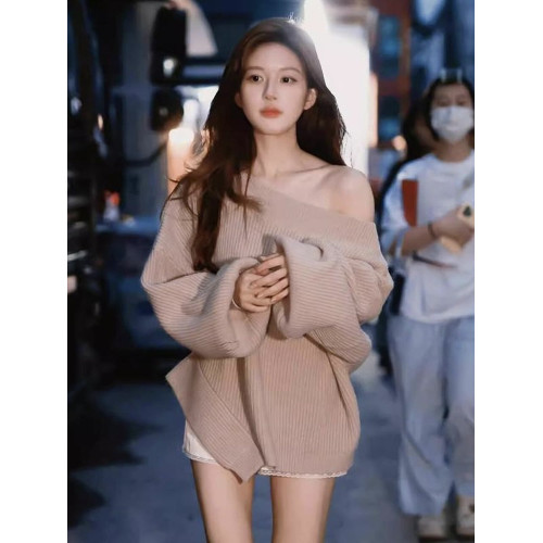 趙露思同款一字肩斜肩寬松慵懶設計感毛衣長袖不規則針織衫上衣女