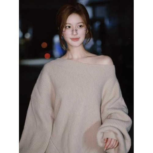 趙露思同款一字肩斜肩寬松慵懶設計感毛衣長袖不規則針織衫上衣女