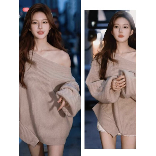 趙露思同款一字肩斜肩寬松慵懶設計感毛衣長袖不規則針織衫上衣女