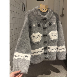 日系卡通趣味灰色毛衣外套女秋冬軟糯可愛小個子減齡針織開衫上衣