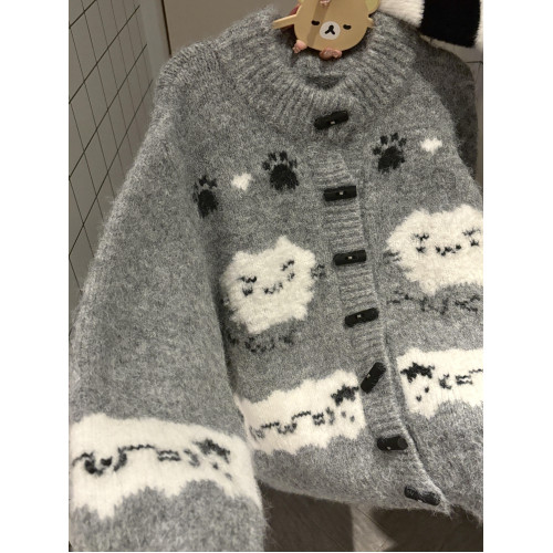 日系卡通趣味灰色毛衣外套女秋冬軟糯可愛小個子減齡針織開衫上衣