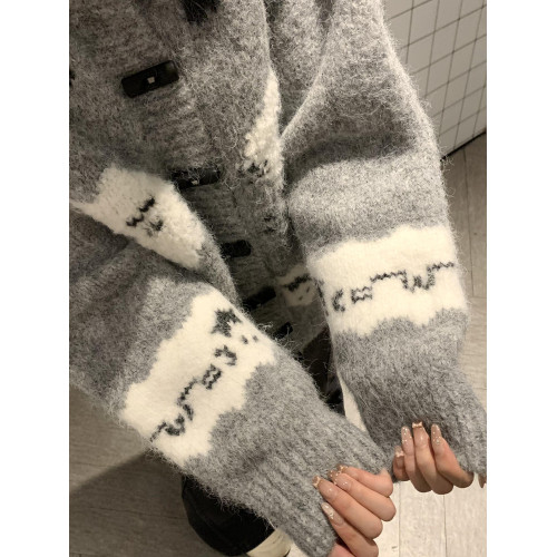 日系卡通趣味灰色毛衣外套女秋冬軟糯可愛小個子減齡針織開衫上衣