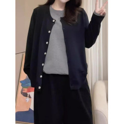 假兩件針織開衫女秋季大碼胖mm黑色圓領紐釦毛衣外套寬松百搭上衣