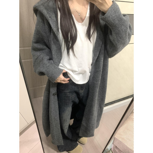 中長款過膝連帽毛衣外套女開衫秋冬新款針織寬鬆加厚氣質慵嬾大衣