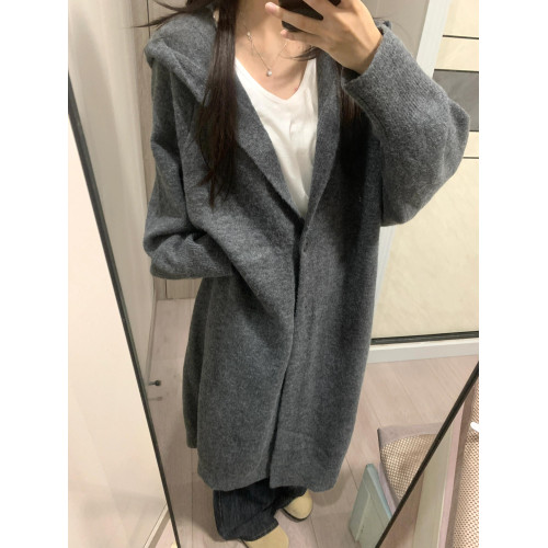 中長款過膝連帽毛衣外套女開衫秋冬新款針織寬鬆加厚氣質慵嬾大衣