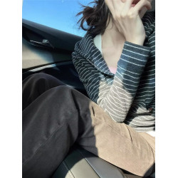 韓系秋冬季灰色連帽條紋開衫毛衣外套女休閒軟糯針織衫上衣衛衣