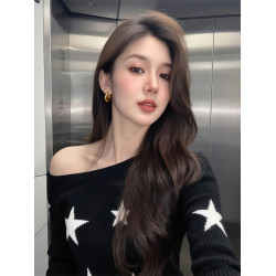 斜肩星星設計修身內搭針織衫女2025新款早秋可外穿長袖打底衫上衣