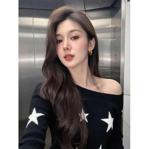 斜肩星星設計修身內搭針織衫女2025新款早秋可外穿長袖打底衫上衣