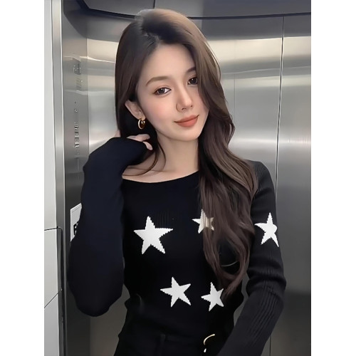 斜肩星星設計修身內搭針織衫女2025新款早秋可外穿長袖打底衫上衣