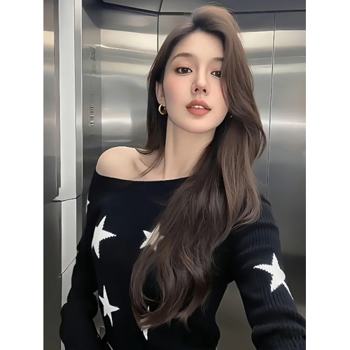 斜肩星星設計修身內搭針織衫女2025新款早秋可外穿長袖打底衫上衣