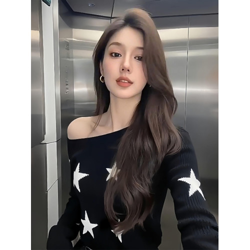 斜肩星星設計修身內搭針織衫女2025新款早秋可外穿長袖打底衫上衣
