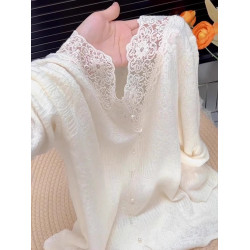 杏色蕾絲針織衫高級感釘珠設計百搭氣質溫柔薄款長袖上衣早秋2025