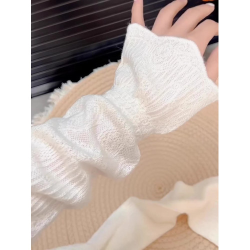 杏色蕾絲針織衫高級感釘珠設計百搭氣質溫柔薄款長袖上衣早秋2025