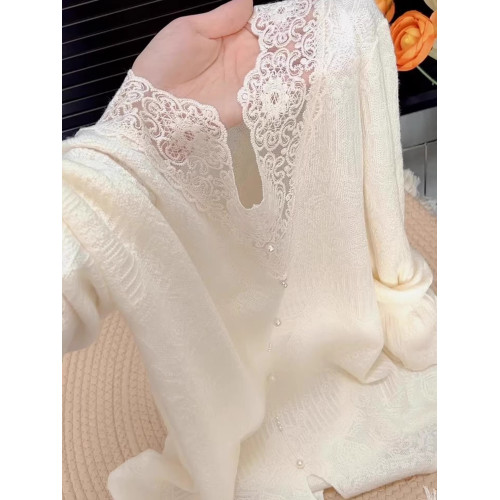 杏色蕾絲針織衫高級感釘珠設計百搭氣質溫柔薄款長袖上衣早秋2025