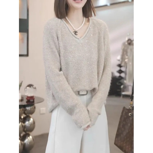 高級感細閃V領毛衣女秋冬2025新款大碼胖MM設計感長袖針織衫上衣