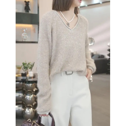 高級感細閃V領毛衣女秋冬2025新款大碼胖MM設計感長袖針織衫上衣