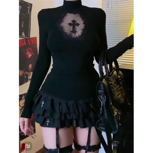 y2k辣妹黑色十字架鏤空長袖T恤女秋季亞比高領內搭打底衫針織上衣 y2k辣妹黑色十字架鏤空長袖T恤女秋季亞比高領內搭打底衫針織上衣