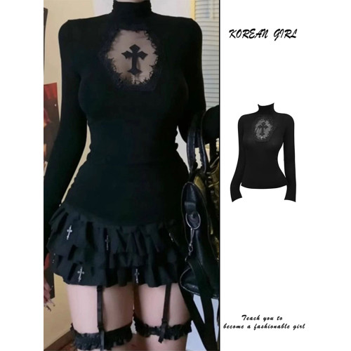 y2k辣妹黑色十字架鏤空長袖T恤女秋季亞比高領內搭打底衫針織上衣 y2k辣妹黑色十字架鏤空長袖T恤女秋季亞比高領內搭打底衫針織上衣
