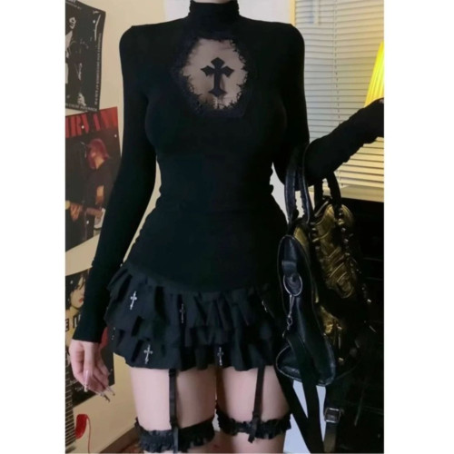 y2k辣妹黑色十字架鏤空長袖T恤女秋季亞比高領內搭打底衫針織上衣 y2k辣妹黑色十字架鏤空長袖T恤女秋季亞比高領內搭打底衫針織上衣