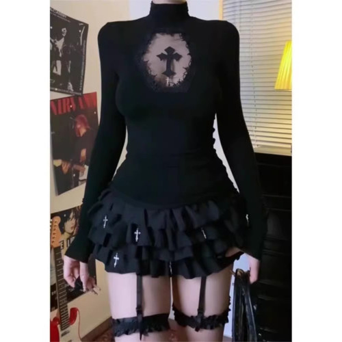 y2k辣妹黑色十字架鏤空長袖T恤女秋季亞比高領內搭打底衫針織上衣 y2k辣妹黑色十字架鏤空長袖T恤女秋季亞比高領內搭打底衫針織上衣