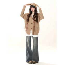 ENJOG 復古星星兔耳朵開衫毛衣女秋冬新款設計感寬松慵懶針織外套