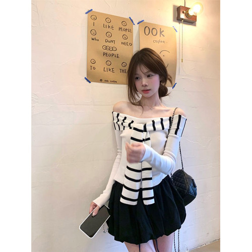 純欲風黑白條紋拼接系帶一字肩修身顯瘦針織2025秋季露肩辣妹上衣 純欲風黑白條紋拼接系帶一字肩修身顯瘦針織2025秋季露肩辣妹上衣