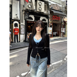 黑澤玄七2025秋季新款微胖綁帶長袖針織打底衫收腰修身內搭上衣女