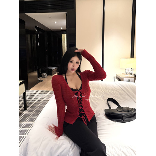 黑澤玄七2025秋季新款微胖綁帶長袖針織打底衫收腰修身內搭上衣女