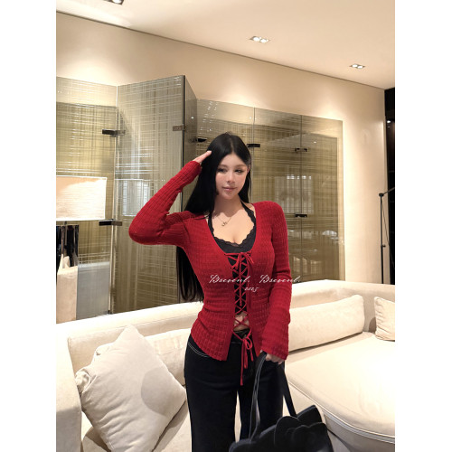 黑澤玄七2025秋季新款微胖綁帶長袖針織打底衫收腰修身內搭上衣女