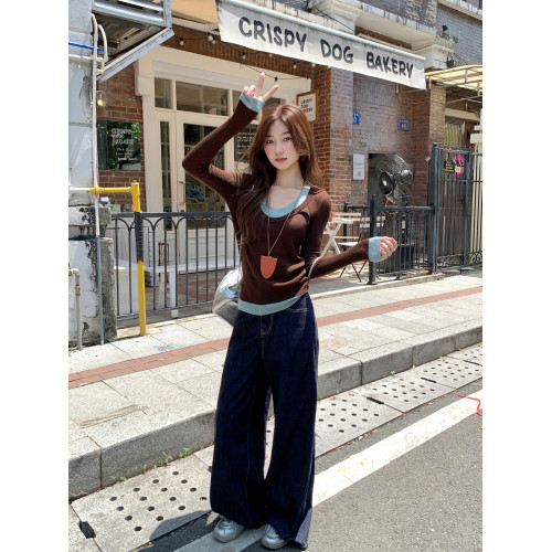 韓版v領假兩件撞色針織衫女春秋季小衆辣妹修身顯瘦毛衣正肩上衣