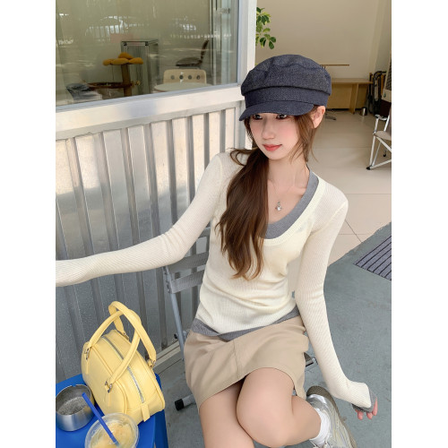 韓版v領假兩件撞色針織衫女春秋季小衆辣妹修身顯瘦毛衣正肩上衣