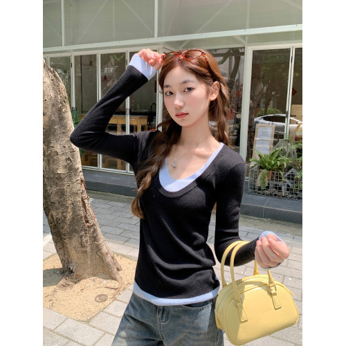 韓版v領假兩件撞色針織衫女春秋季小衆辣妹修身顯瘦毛衣正肩上衣