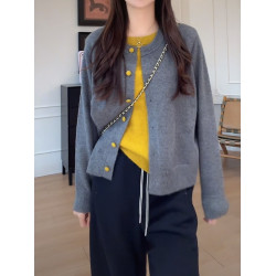 大碼女裝撞色假兩件針織開衫長袖秋季胖mm顯瘦寬松韓版慵懶風上衣