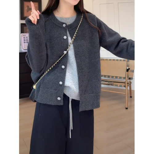 大碼女裝撞色假兩件針織開衫長袖秋季胖mm顯瘦寬松韓版慵懶風上衣