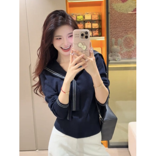 韓系海軍領披肩長袖針織衫女2025秋冬新款高級感內搭顯瘦百搭上衣