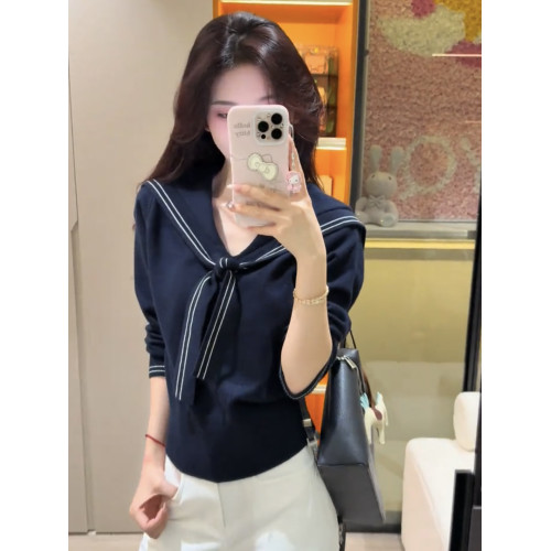 韓系海軍領披肩長袖針織衫女2025秋冬新款高級感內搭顯瘦百搭上衣