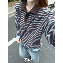 韓系學院風翻領條紋衛衣女秋季復古百搭撞色寬松休閒長袖毛衣上衣