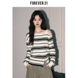 Forever 21韓系條紋chic斜肩針織上衣女獨特收腰打底衫設計感上衣