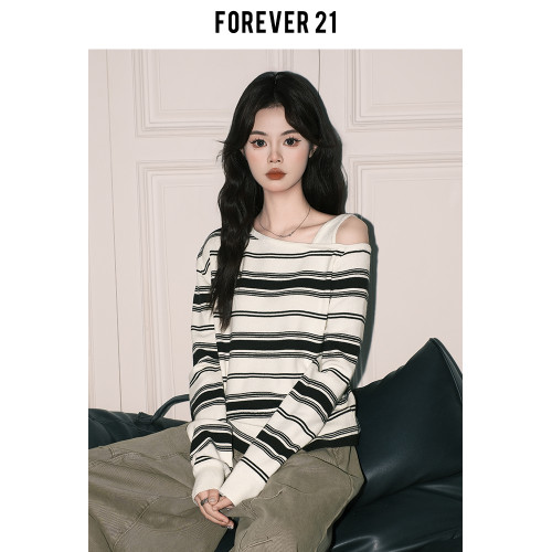 Forever 21韓系條紋chic斜肩針織上衣女獨特收腰打底衫設計感上衣 Forever 21韓系條紋chic斜肩針織上衣女獨特收腰打底衫設計感上衣