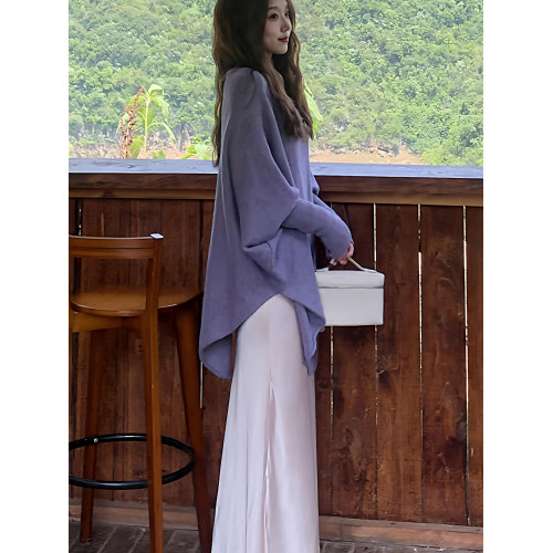 紫色一字肩鬭篷毛衣女秋冬2025新款慵懶風寬松軟糯蝙蝠袖針織上衣 紫色一字肩鬭篷毛衣女秋冬2025新款慵懶風寬松軟糯蝙蝠袖針織上衣
