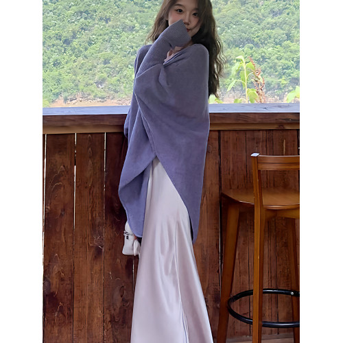 紫色一字肩鬭篷毛衣女秋冬2025新款慵懶風寬松軟糯蝙蝠袖針織上衣 紫色一字肩鬭篷毛衣女秋冬2025新款慵懶風寬松軟糯蝙蝠袖針織上衣