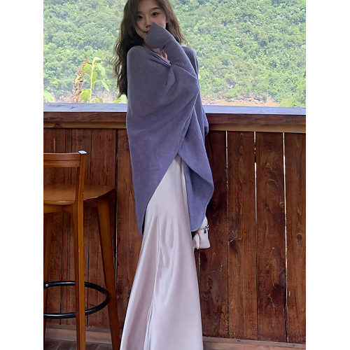 紫色一字肩鬭篷毛衣女秋冬2025新款慵懶風寬松軟糯蝙蝠袖針織上衣 紫色一字肩鬭篷毛衣女秋冬2025新款慵懶風寬松軟糯蝙蝠袖針織上衣