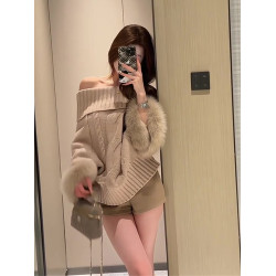 一字肩長袖鬭篷毛衣女秋季純欲千金風寬松顯瘦高級感辣妹露肩上衣