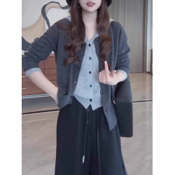 慵嬾假兩件連帽針織開衫女秋季大碼胖mm灰色紐釦毛衣百搭洋氣上衣