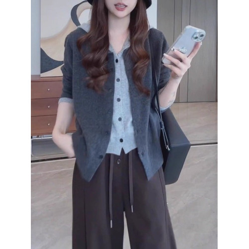 慵嬾假兩件連帽針織開衫女秋季大碼胖mm灰色紐釦毛衣百搭洋氣上衣