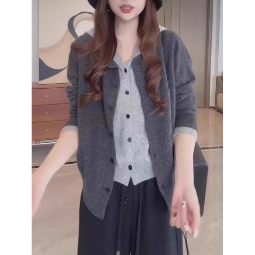 慵嬾假兩件連帽針織開衫女秋季大碼胖mm灰色紐釦毛衣百搭洋氣上衣
