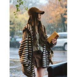 咖色中長款條紋長袖連帽開衫外套女2026早春季韓系漂亮慵懶風上衣