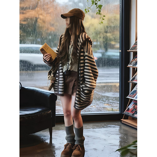 咖色中長款條紋長袖連帽開衫外套女2026早春季韓系漂亮慵懶風上衣 咖色中長款條紋長袖連帽開衫外套女2026早春季韓系漂亮慵懶風上衣