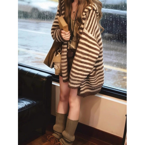 咖色中長款條紋長袖連帽開衫外套女2026早春季韓系漂亮慵懶風上衣 咖色中長款條紋長袖連帽開衫外套女2026早春季韓系漂亮慵懶風上衣